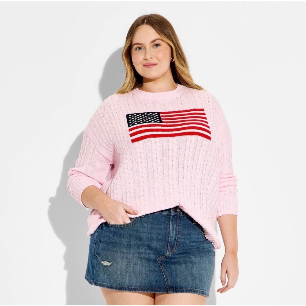 Wild Fable Womens XXL Pink American Flag Cable Knit Sweater Patriotic NWT